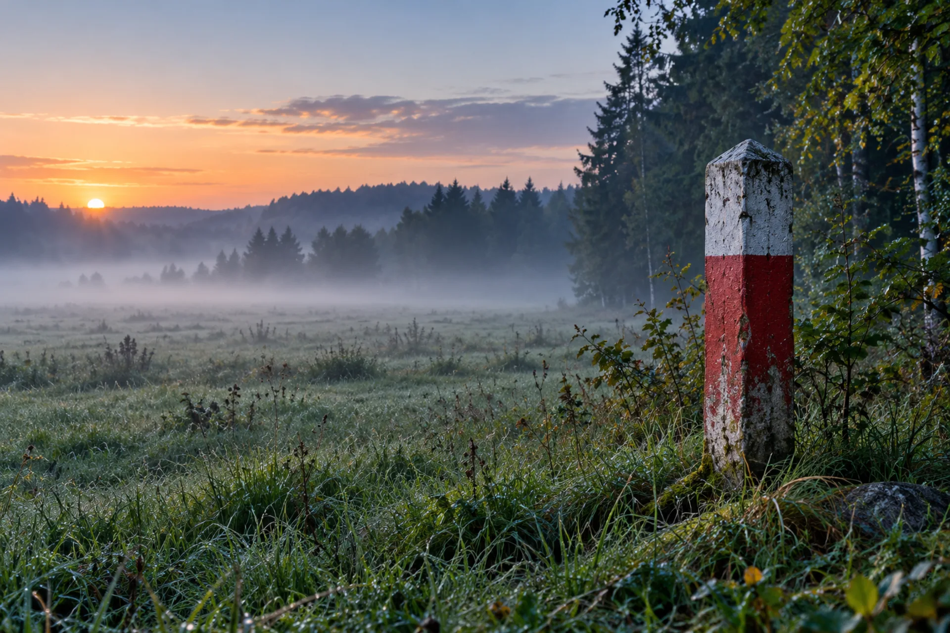 Biało-czerwony słup graniczny o poranku